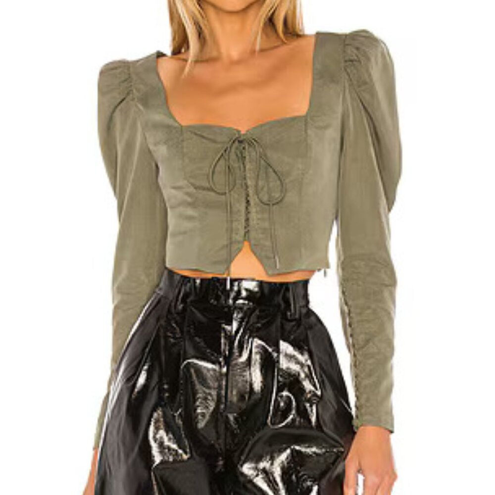 Revolve L'Academie Duffy Victorian Style Puff Sleeve Blouse in Olive Green